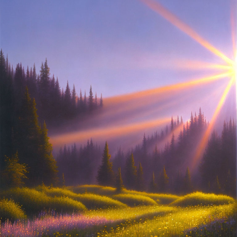 Sunrise painting with light rays in misty forest and yellow flowers