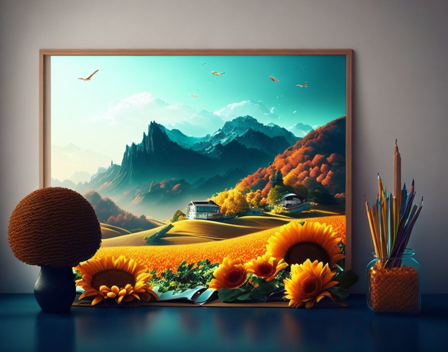 Colorful landscape painting with mountains, autumn trees, birds, sunflowers, and pencils