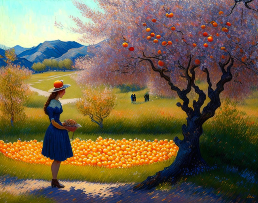 Woman in Blue Dress Collecting Oranges Under Fruit Tree