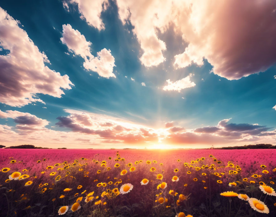 Colorful sunset with sunflowers and pink flowers under dramatic sky