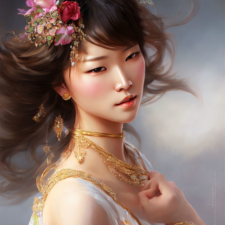 Portrait of woman with flowing hair, pink flowers, and gold jewelry on cloudy background