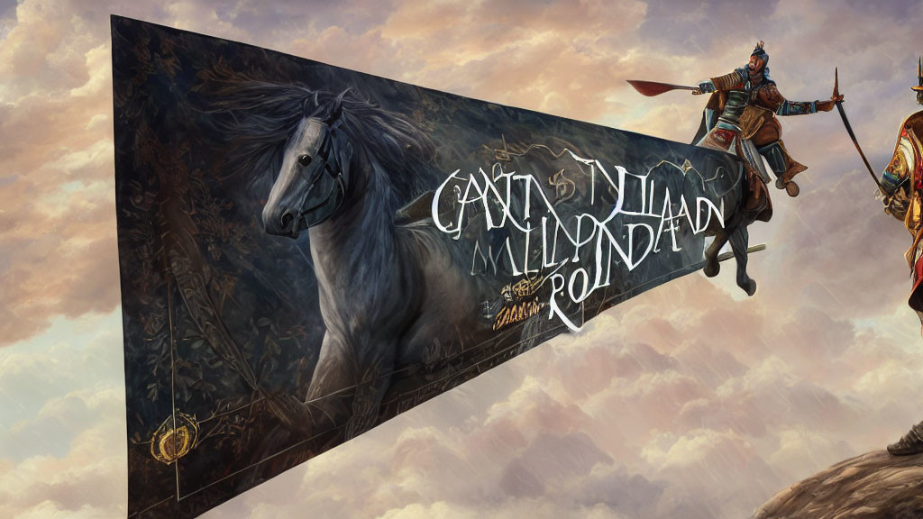 Stylized digital painting featuring horse and armored warriors with banner and text.