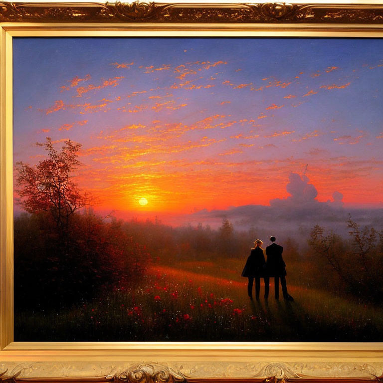 Artwork of Couple Holding Hands at Sunset with Vibrant Sky, Trees, and Flowers