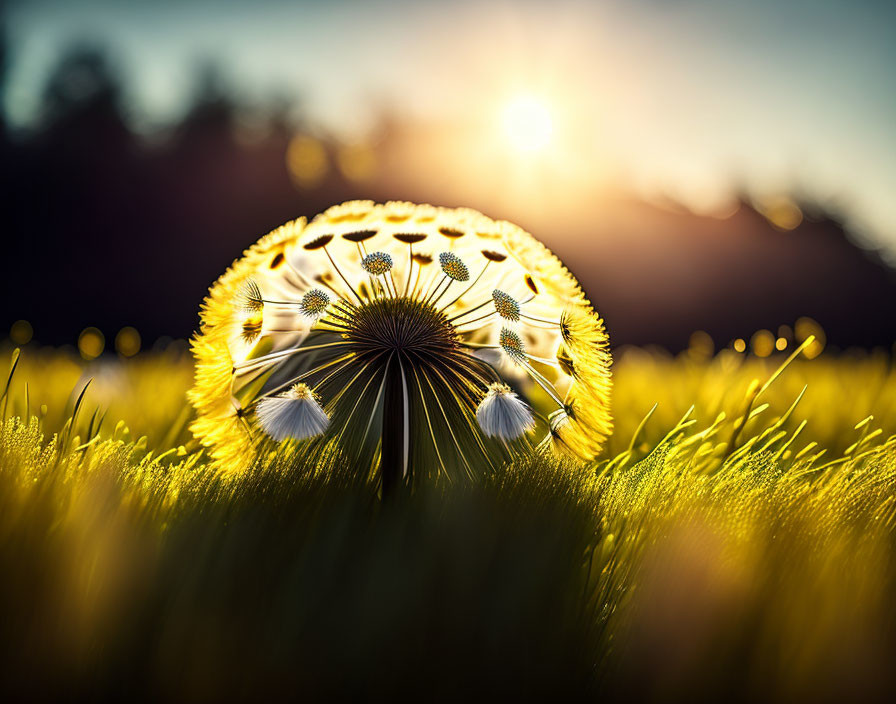 Dandelion seed head in lush field at sunset