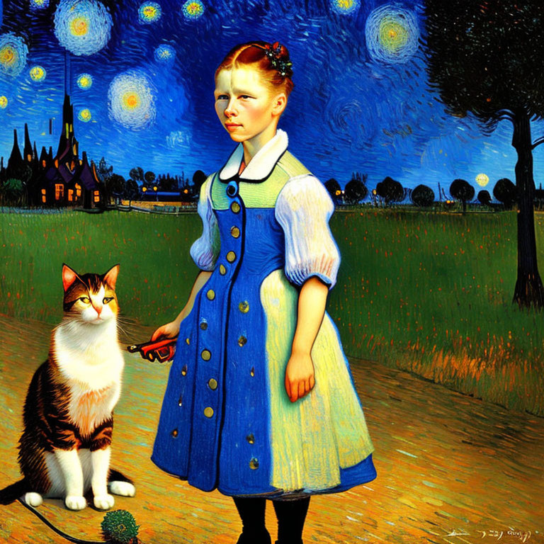 Girl in Blue Dress Beside Cat Under Starry Sky in Van Gogh Style