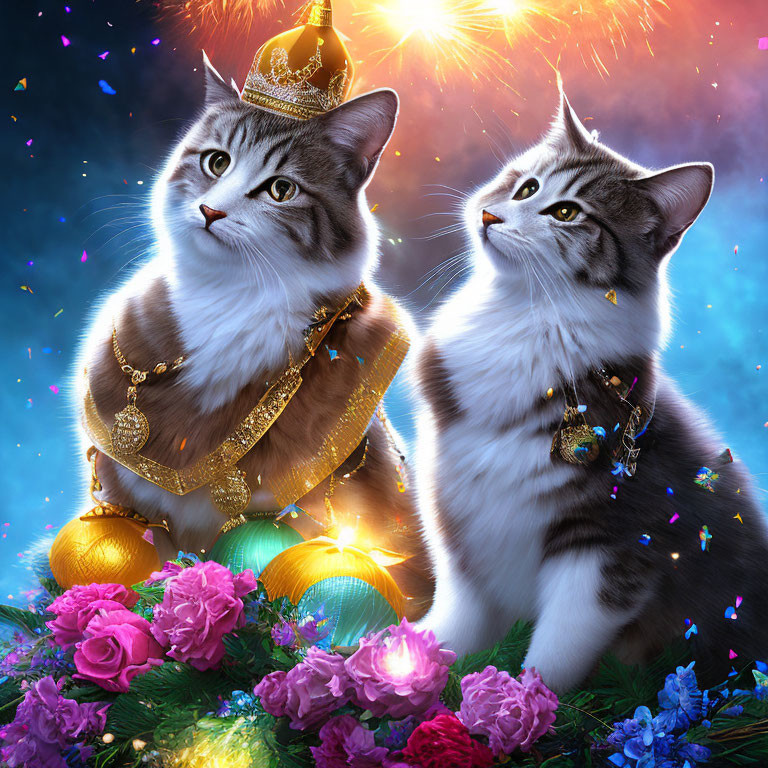 Regally adorned cats with fireworks and flowers backdrop