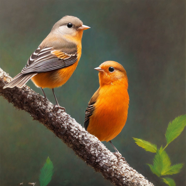 Contrasting plumage: Bright orange and soft grey birds on green branch