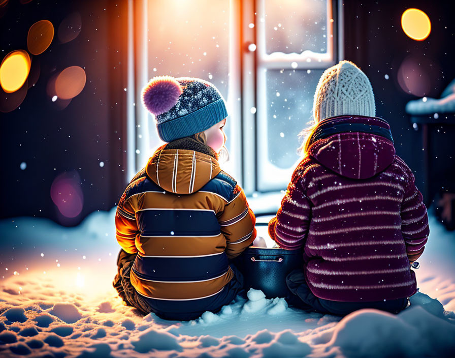 Children sitting in snow at night gazing at bright window amid falling snowflakes