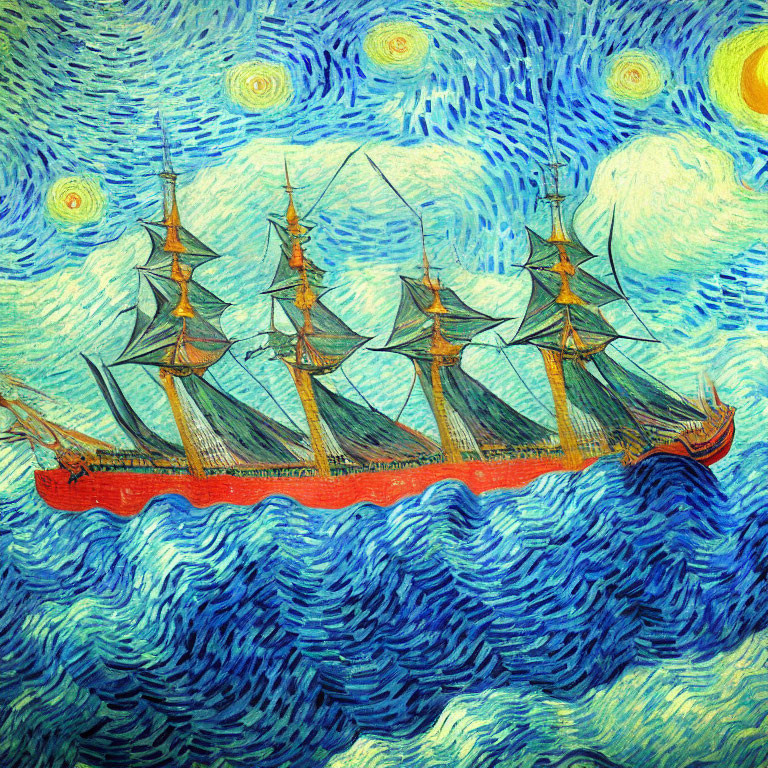 Starry sky painting of tall ship on blue sea