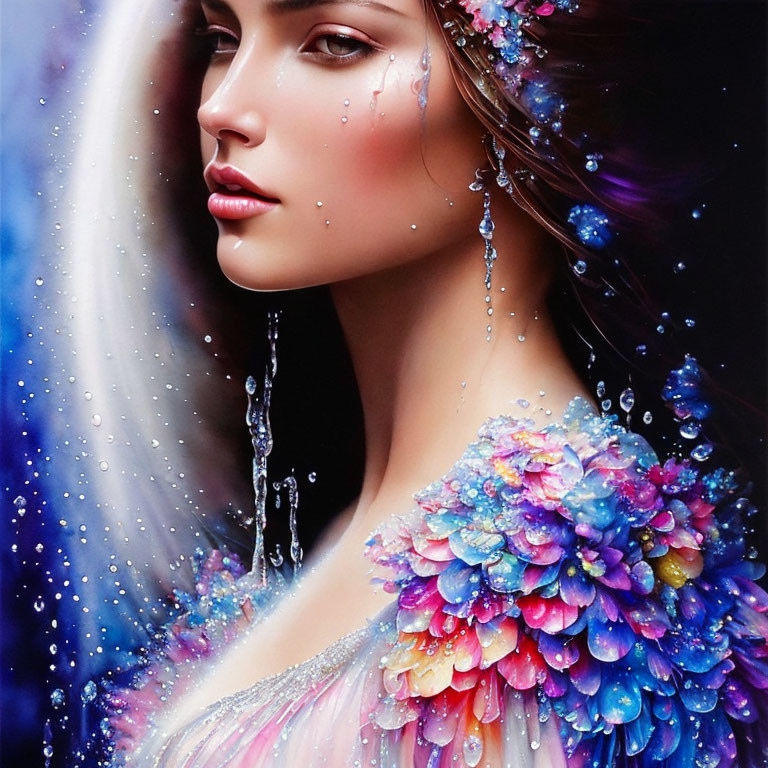 Colorful Woman Portrait with Floral Adornments and Tear Drops on Dark Background