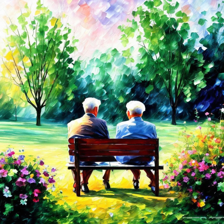 Peaceful scene: Two individuals on park bench in vibrant, sunny painting