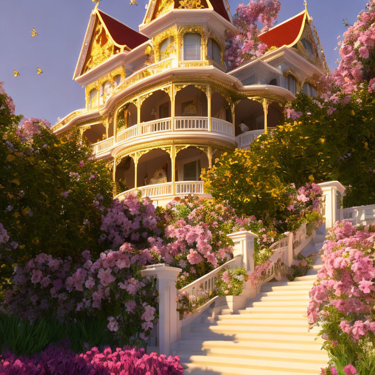 Ornate multi-tiered building with pink flowers, staircase, butterflies