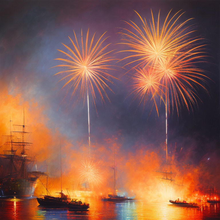 Colorful fireworks light up bay with tall ships and boats in vibrant display