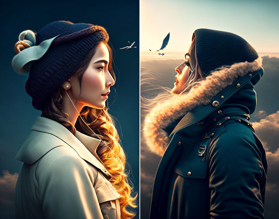 Side profiles of woman in beige & blue winter outfit, green hooded coat with bird in background