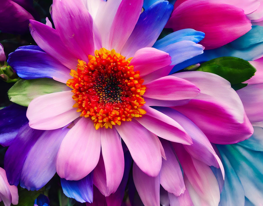 Colorful close-up of pink and purple flower with fiery red and orange center in blue and purple surroundings