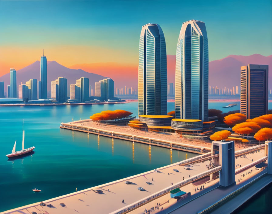 Futuristic cityscape artwork with twin skyscrapers, waterfront promenade, figures, orange trees