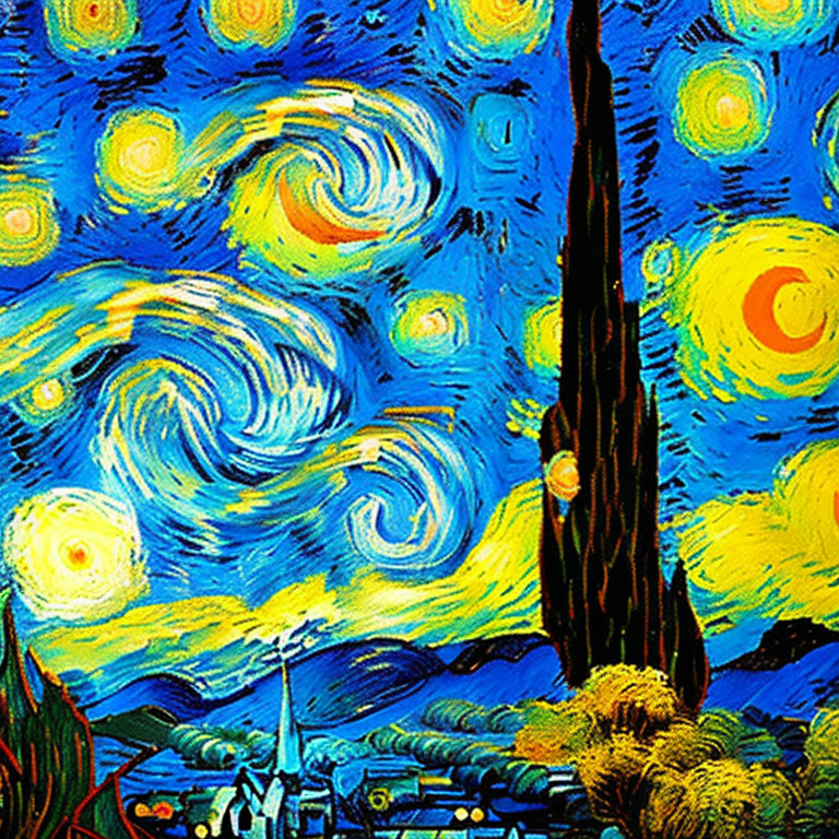 Starry Night Sky Painting with Crescent Moon & Cypress Tree