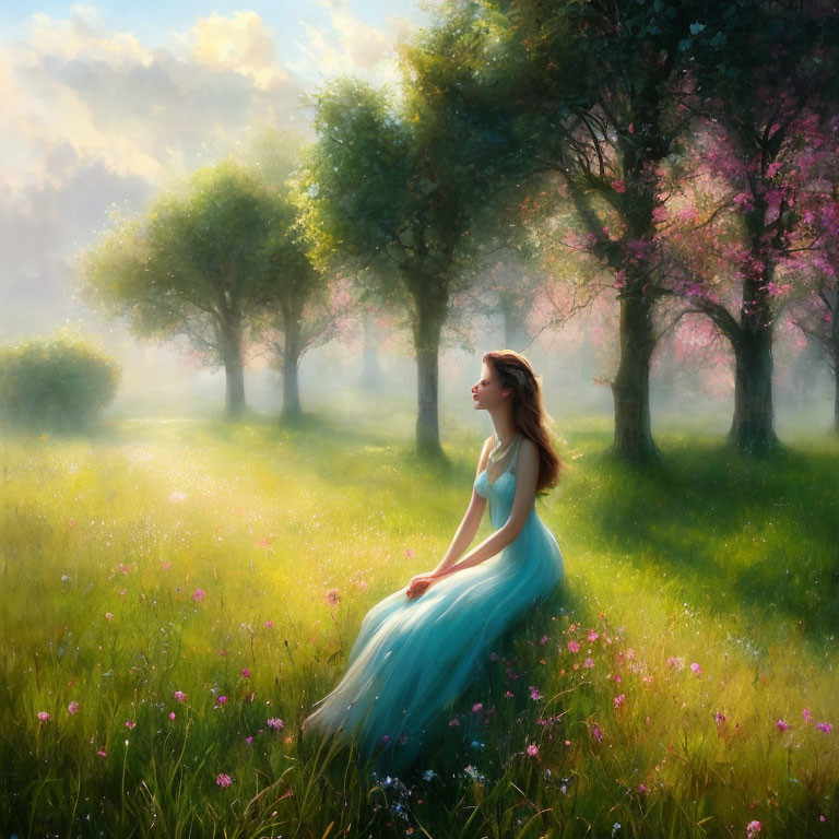 Woman in Blue Dress Sitting in Sunlit Meadow with Blooming Trees