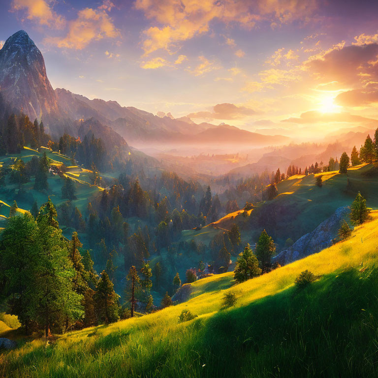 Vibrant sunset over lush valley with rolling hills and mountain