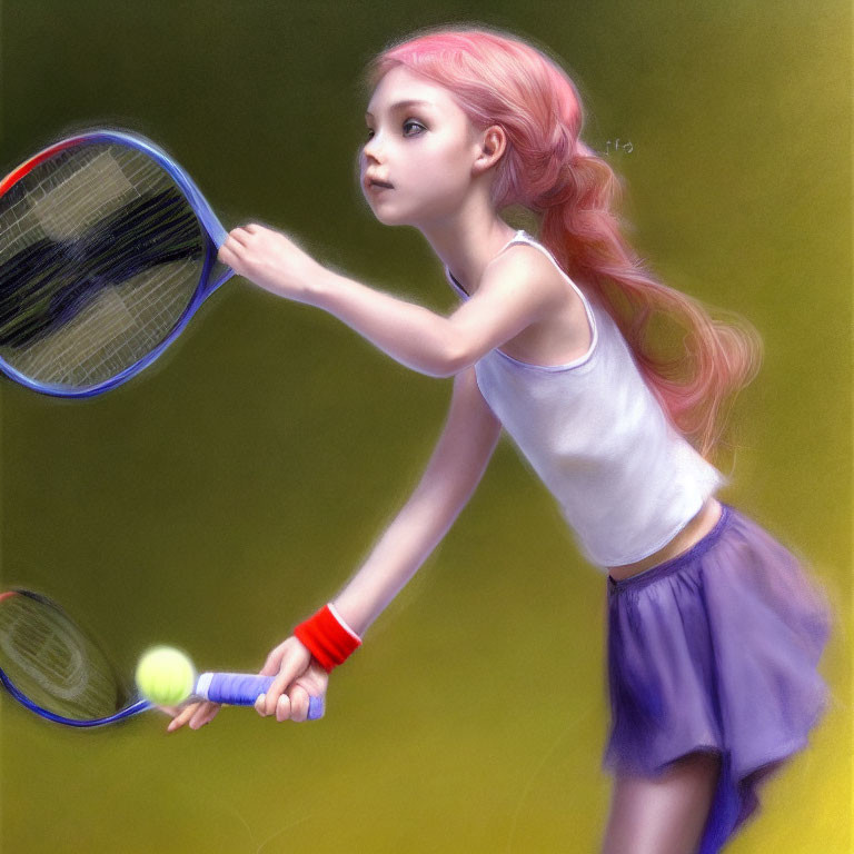 Pink-haired girl playing tennis in purple skirt and sleeveless top