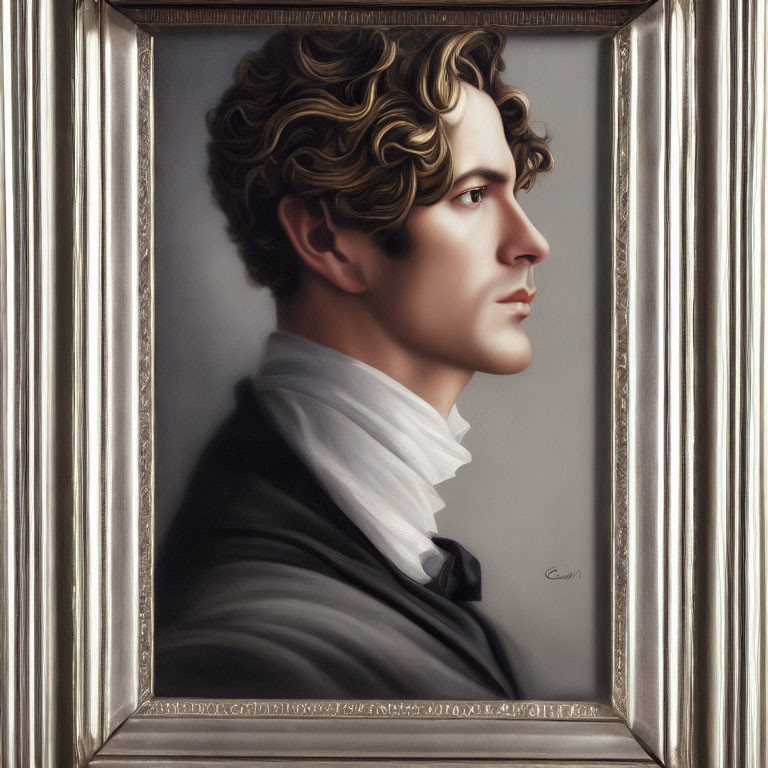 Realistic profile portrait of a young man with wavy hair in classical style