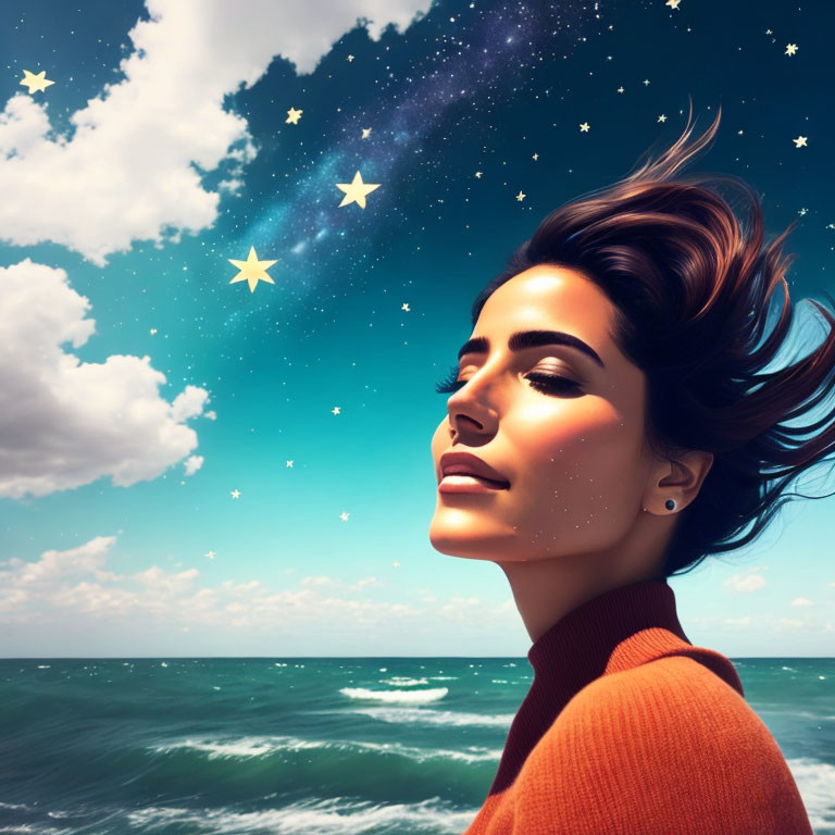 Woman with flowing hair under starry sky and daytime seascape