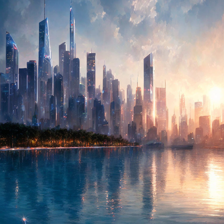 Modern skyline with tall skyscrapers by serene waterfront at sunrise or sunset