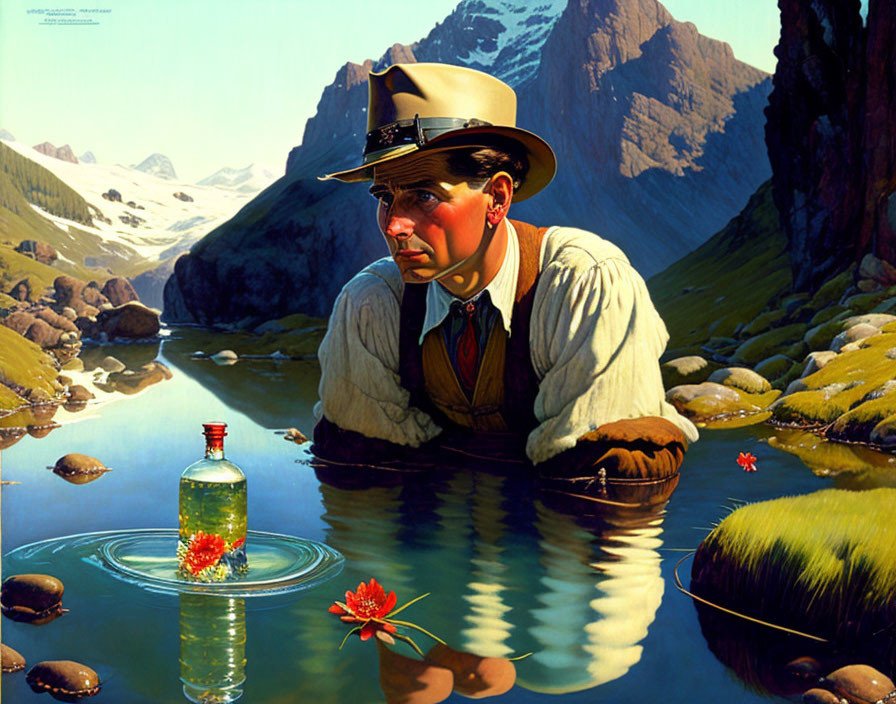 Man in hat observing water bottle in mountain landscape with red flower