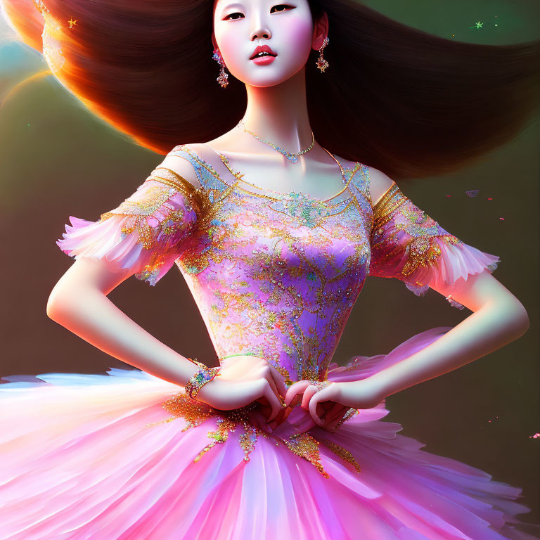 Digital artwork: Woman in pastel ball gown with gold details on cosmic backdrop