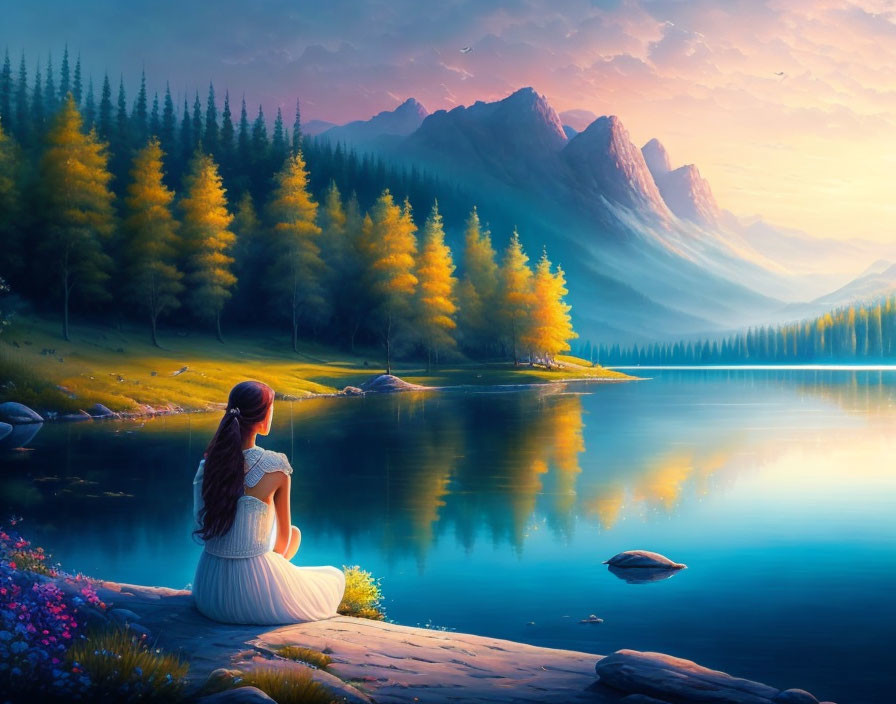 Tranquil sunset scene by a serene lake with colorful trees and mountains