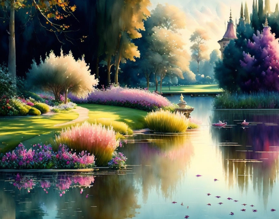 Tranquil lake, blooming flowers, winding path, lush trees, distant castle in warm light