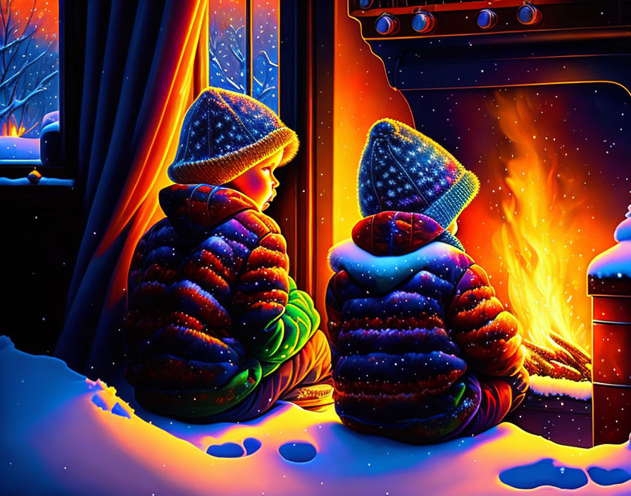 Cozy winter scene by fireplace with snowy window