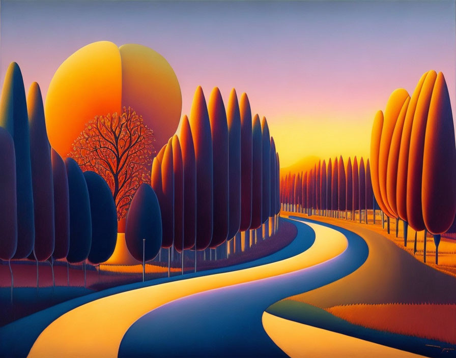 Colorful Stylized Landscape with River, Trees, and Sunset