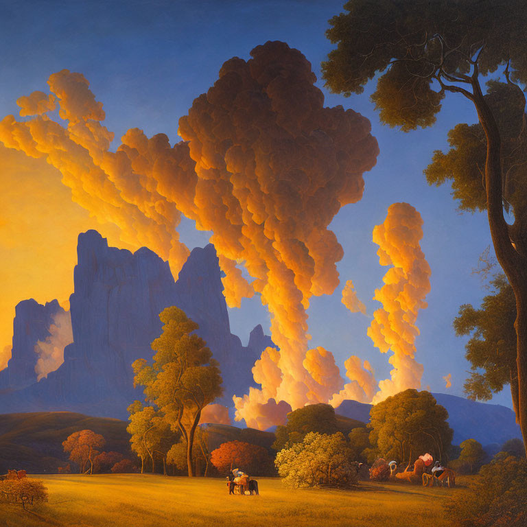 Vivid painting of pastoral scene with billowing smoke clouds and serene foreground