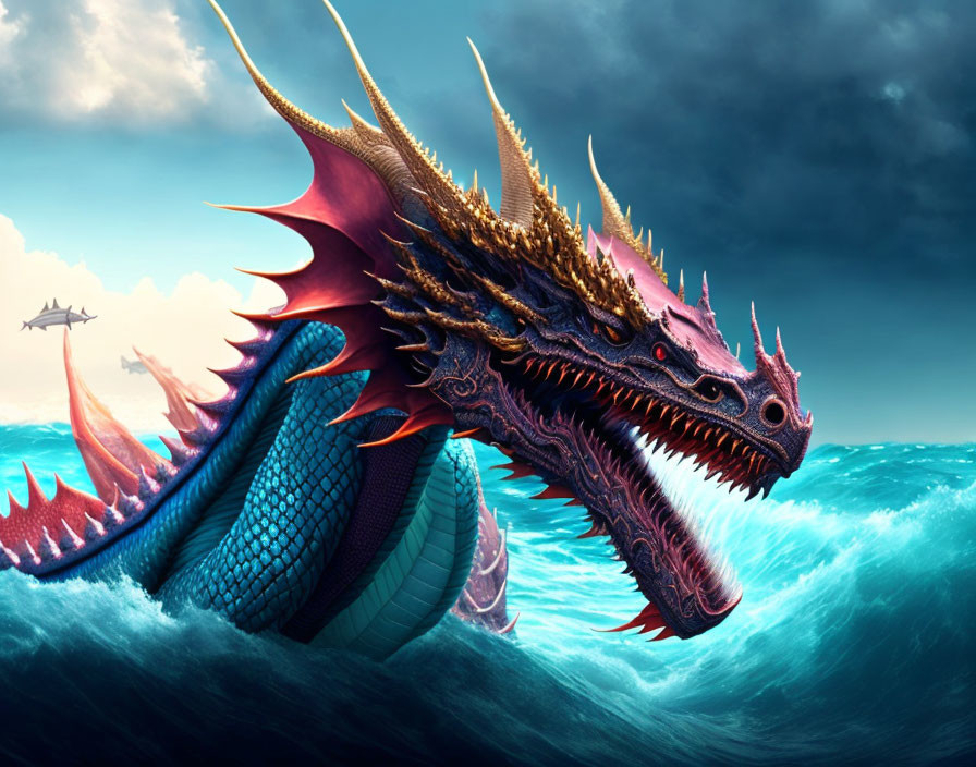 Multi-Headed Dragon Emerges from Ocean Storm