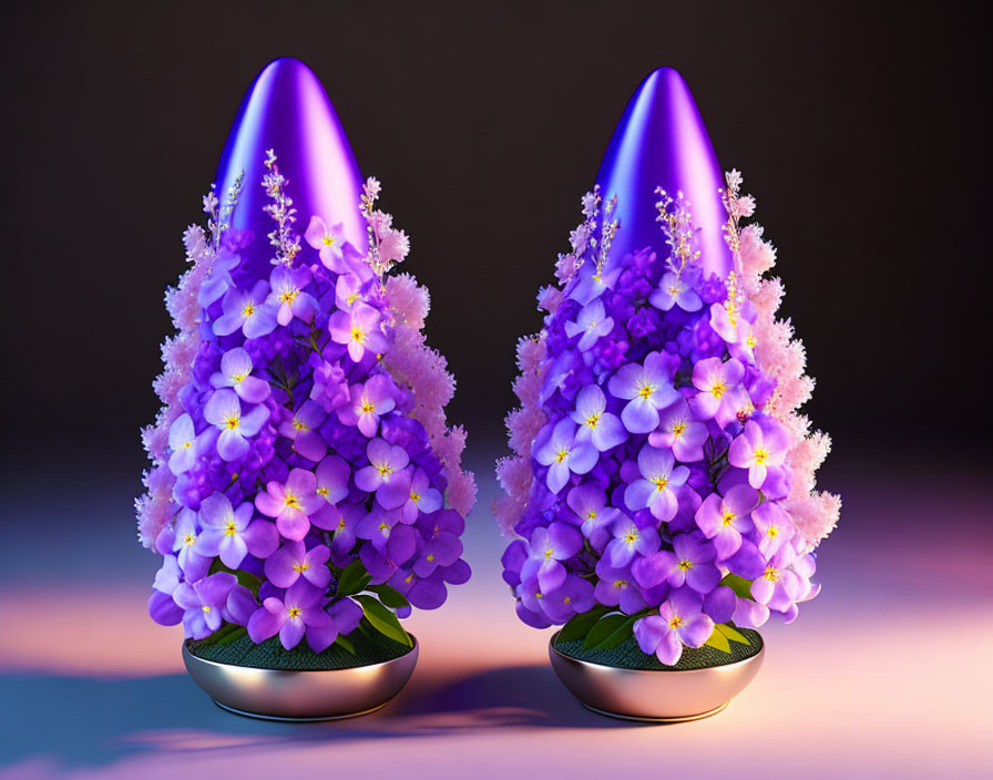 Vibrant purple floral cone structures on dark gradient background in golden-trimmed pots