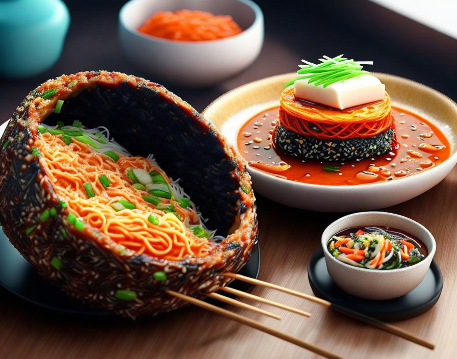 Assorted Asian dishes: noodles in black sesame bowl, skewered delicacies, tofu on sesame bed