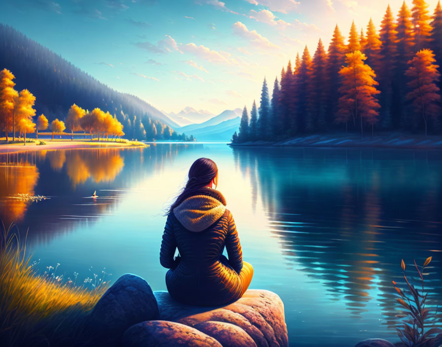 Person sitting on rock by serene lake with autumn trees and mountains under blue sky