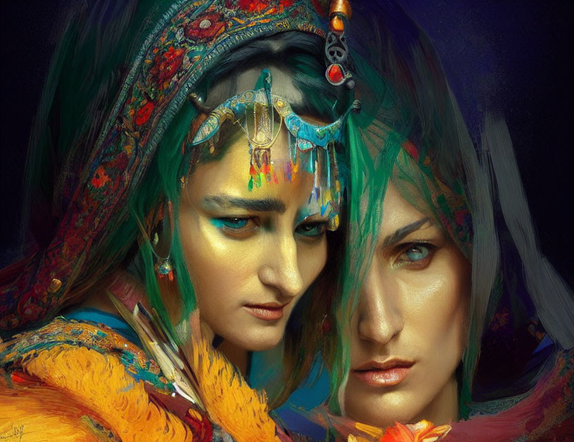 Vibrant digital artwork of two individuals in elaborate headdresses