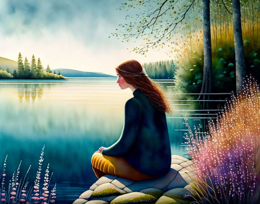 Woman sitting by serene lake in lush landscape