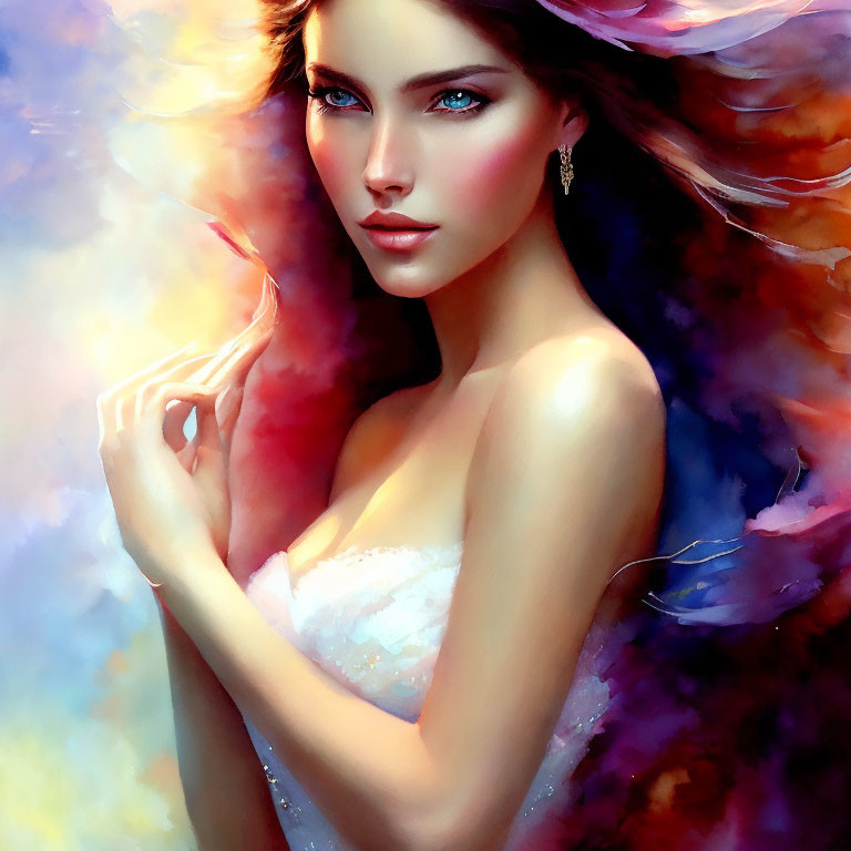 Vibrant digital painting of woman with blue eyes in pastel swirls