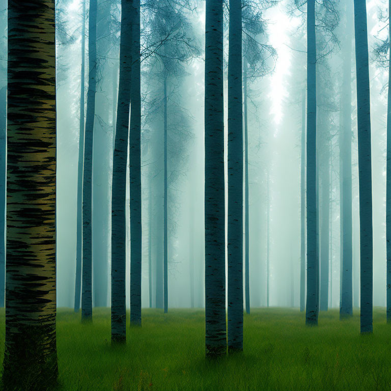 Misty forest scene with tall trees and green grass under soft sunlight