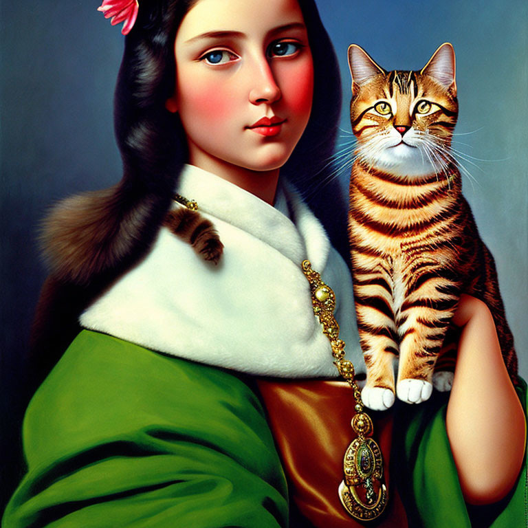 Artwork featuring woman with cat head in green dress & gold pendant