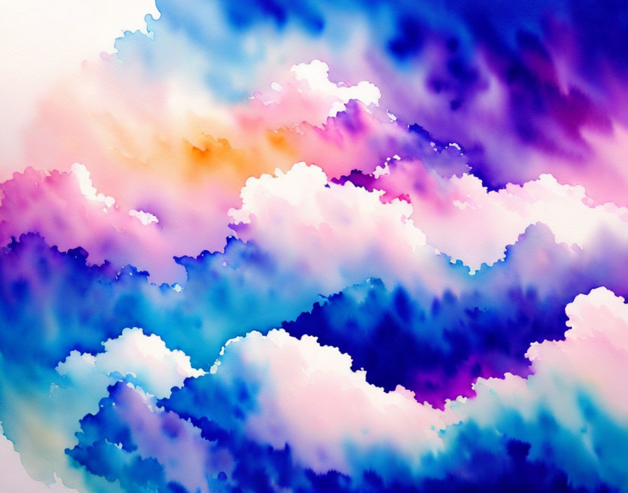 Colorful Watercolor Painting of Blue, Purple, and Pink Clouds or Waves