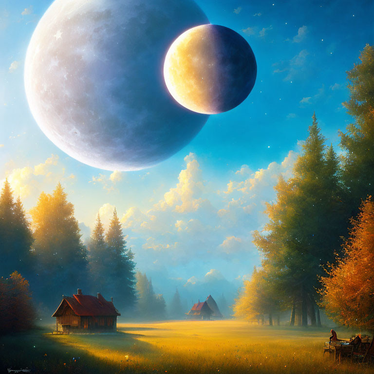 Surreal landscape with large moon, misty forest, cottage, and carriage