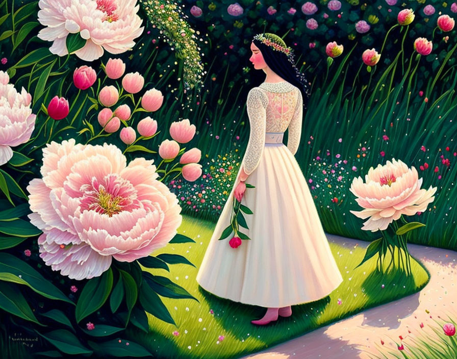 Woman in white dress surrounded by pink peonies in lush garden