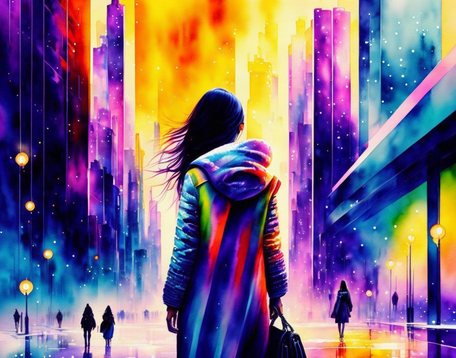 Colorful Coat Person Contemplating Vibrant Cityscape