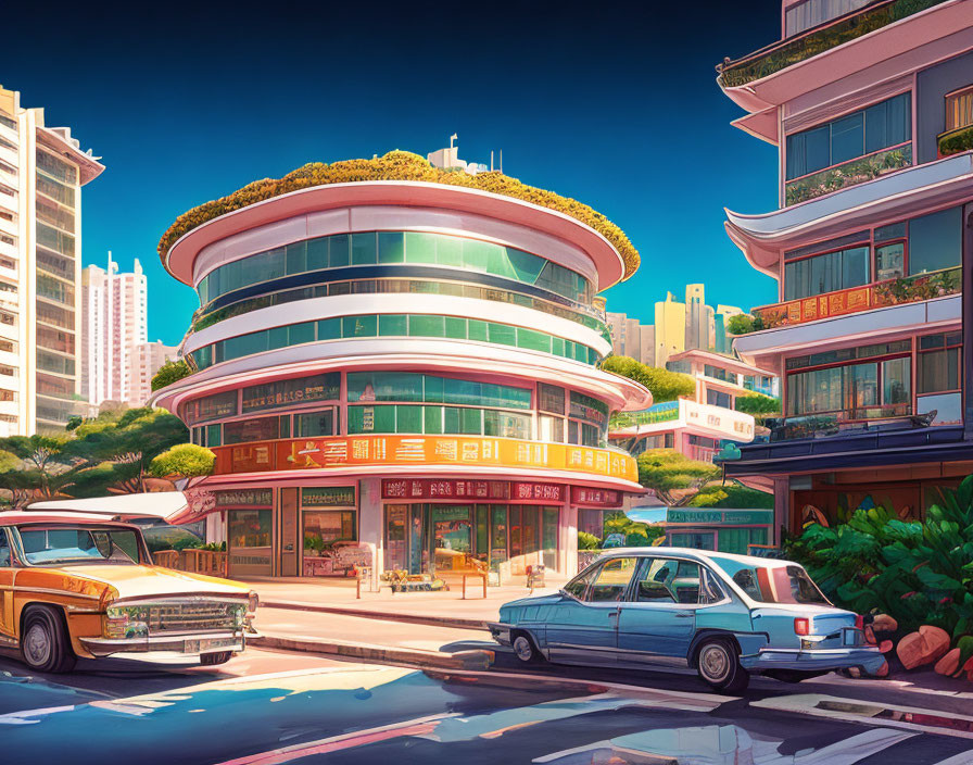 Colorful Retro-Futuristic Cityscape with Round Building & Vintage Cars