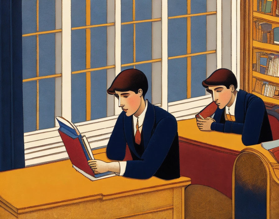 Stylized individuals reading books at library table