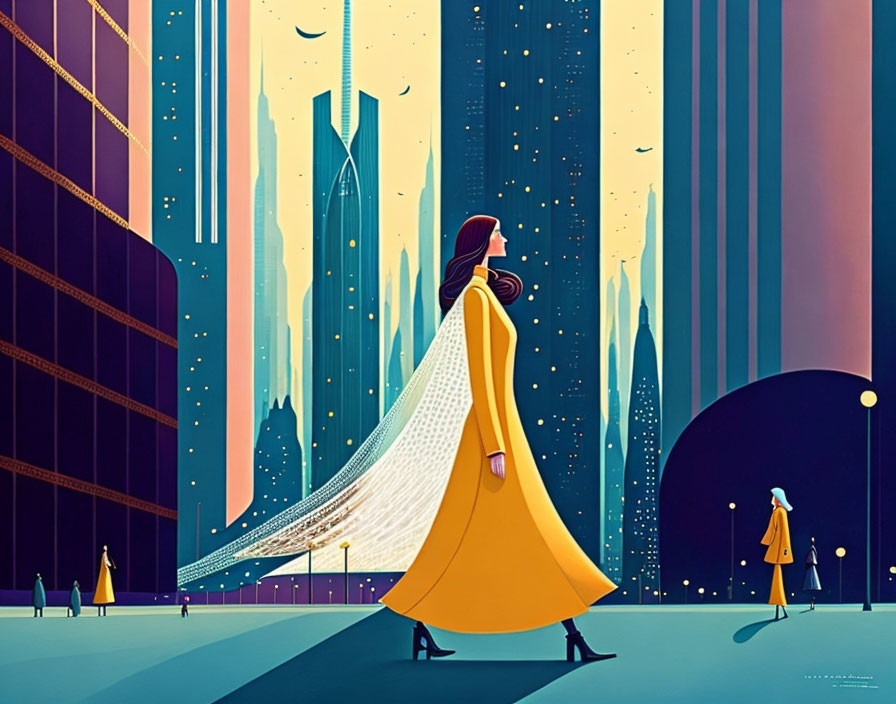 Illustration of woman in yellow coat walking in futuristic cityscape